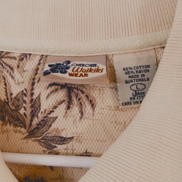 Cherokee Waikiki Wear Polo Shirt Men's Large Hawaiian Beige Palms Short Sleeve - Picture 3 of 4